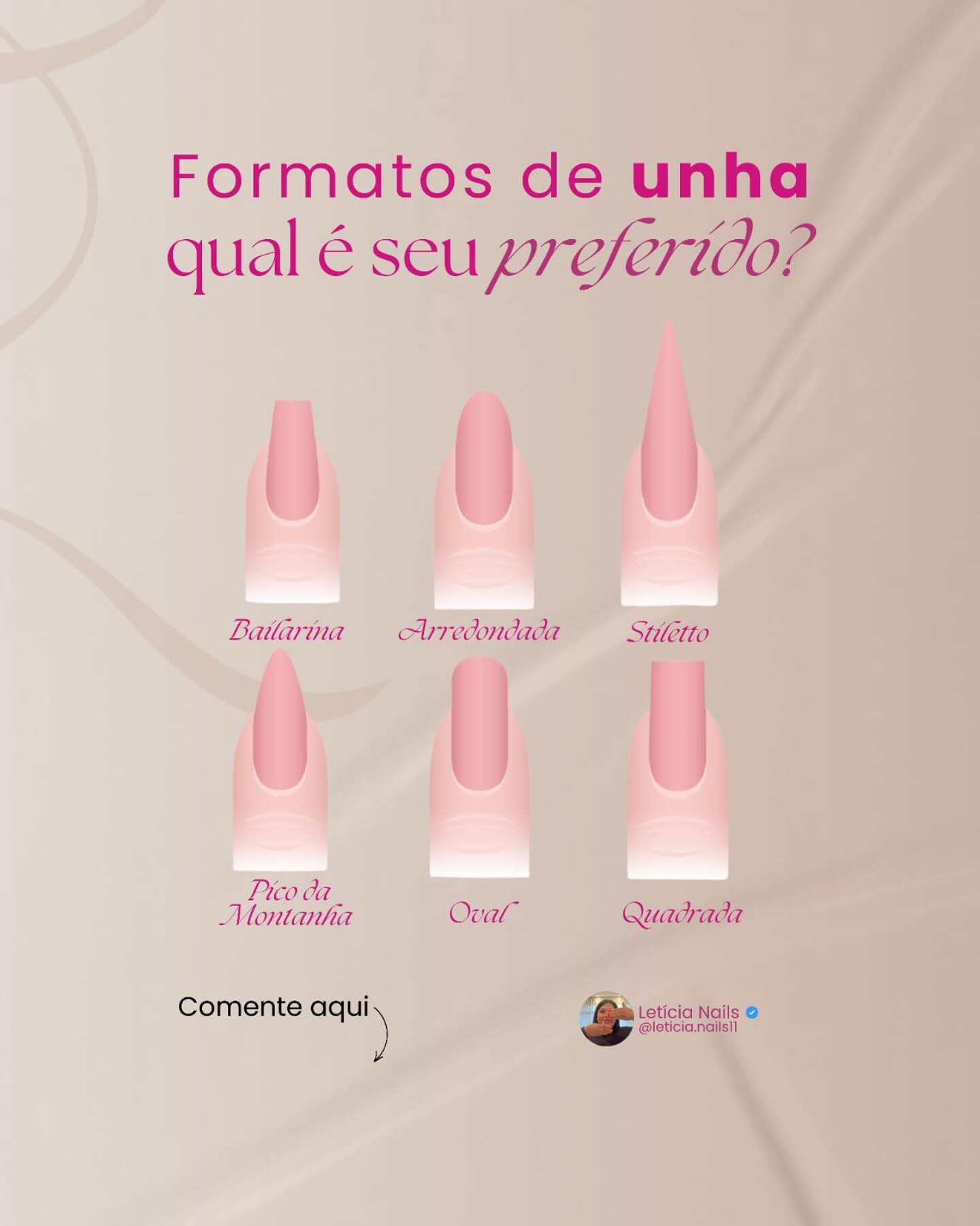 Formatos de unha: bailarina, arredondada, stiletto, pico da montanha, oval e quadrada